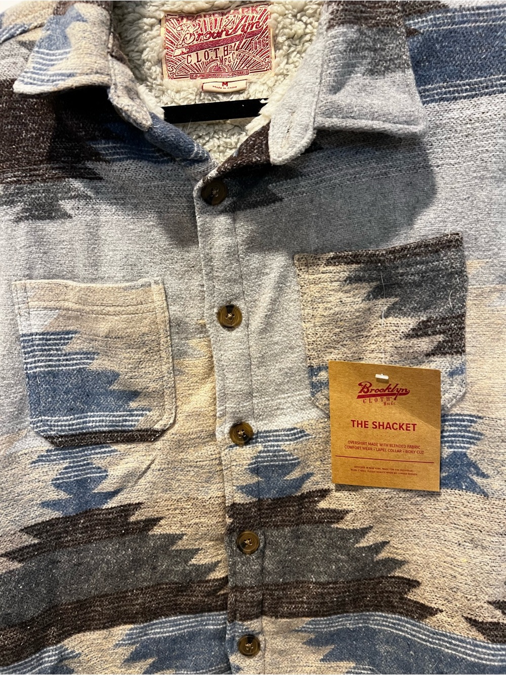 Brooklyn Cloth Aztec Pattern Sherpa-Lined Shacket - Blue, Gray, Brown - Picture 3 of 13
